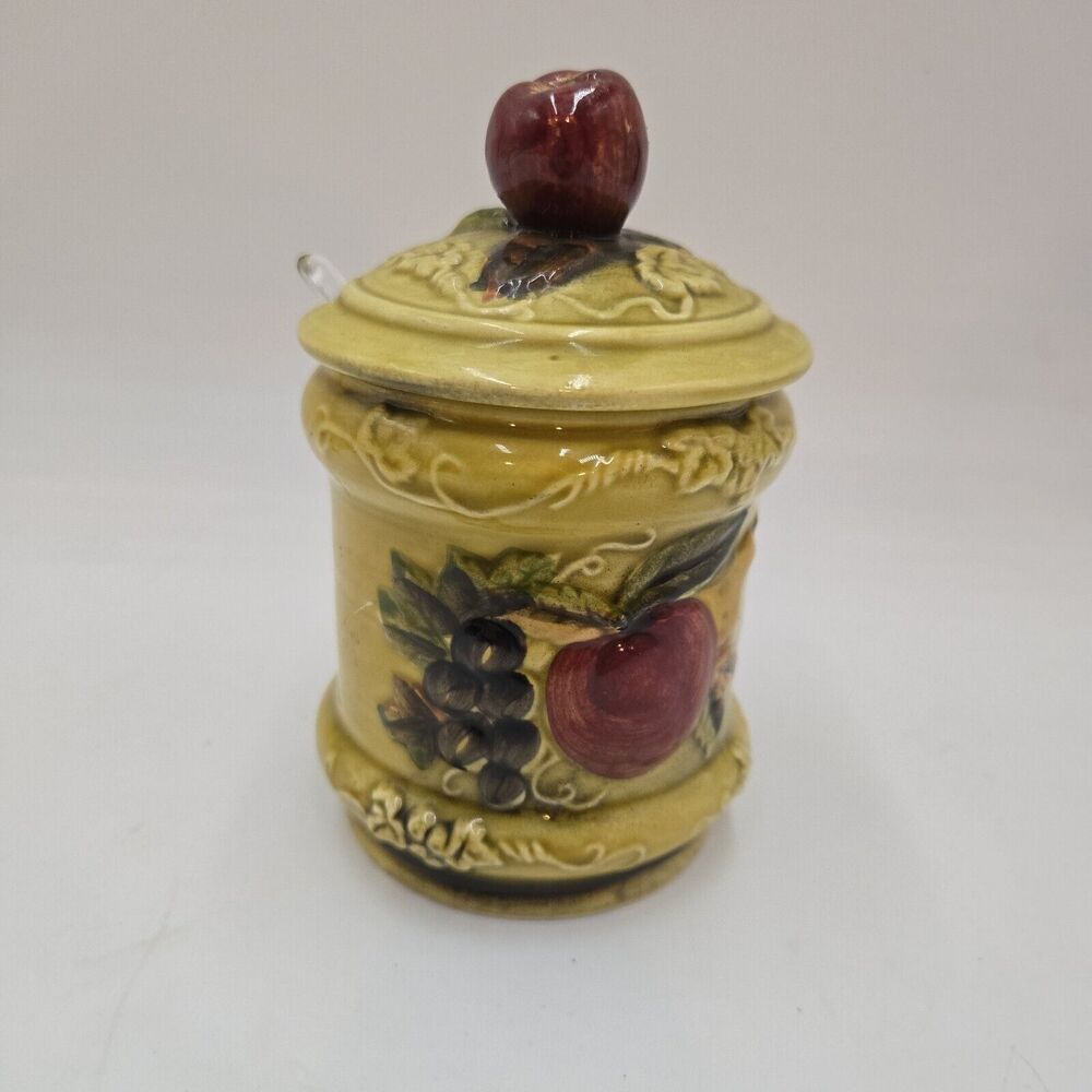 Vintage Lefton Ceramic Fruit Apple Yellow Jelly Jar Honey Mustard Pot Incl Spoon